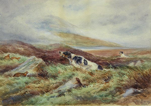 Watercolor, John Emms: John Emms (British, 1843-1912), Hunting Dogs in a Field with Grouse, 1899, watercolor, signed and dated lower right, sight" 9.5"h x 13.25"w, overall (with frame): 17.75"h x 22.25"w