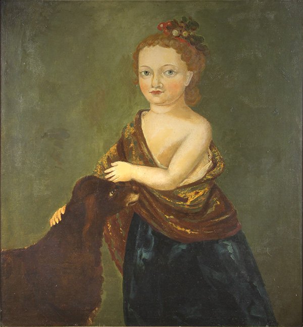 Painting of Girl with Dog: British School (19th Century), Girl with Dog, oil on canvas, unsigned, canvas: 27"h x 25"w, overall (with frame): 32"h x 30"w