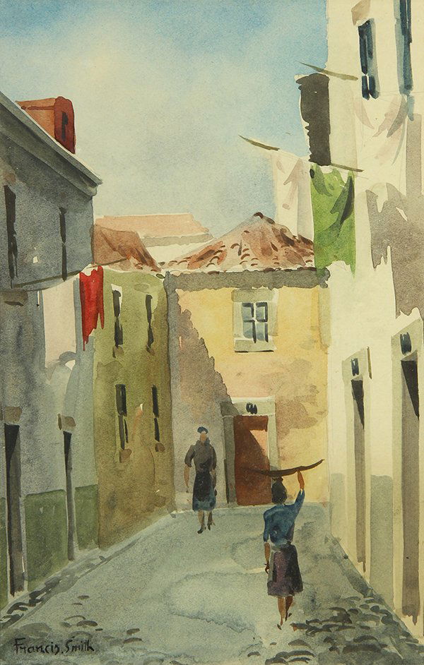 Watercolor, Francis Smith: Francis Smith (Portuguese, 1881-1961), Study - Street Scene with Figures, watercolor on paper, signed lower left, sight: 11"h x 7"w, overall (with frame): 21.25"h x 15.25"w