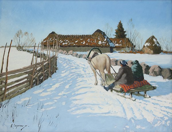 Watercolor by Andrei Yegerov: Andrei Yegerov (Russian, 1930-1992), Figures on Horse Drawn Sled in Winter, gouache, signed lower left, sight: 19.5"h x 25.5"w, overall (with frame): 23"h x 29"w