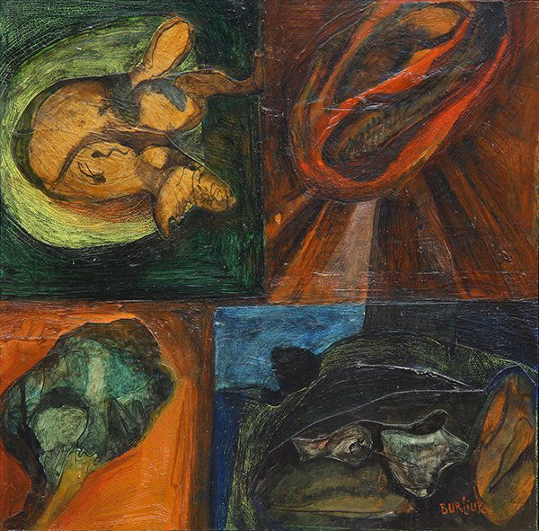 Painting, David Davidovich Burliuk: David Davidovich Burliuk (Russian, 1882-1967), Untitled (Still Life Abstract), mixed media on board, signed lower right, board: 12"h x 12"w, overall (with frame): 13'''h x 13''w