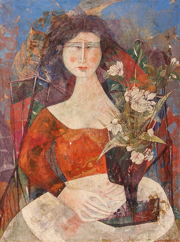 Painting by Luciano Spazzali: Luciano Spazzali (Italian, b. 1911), "Lady with Flowers," 1960, oil on board, signed and dated lower right, Maxwell Galleries label affixed verso, board: 31"h x 23"w, overall (with frame): 35"h x 27"w