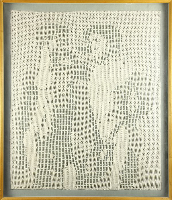 Crochet by Wayne Douglas Quinn: Wayne Douglas Quinn (American, 20th Century), "Addlescene," 1986, cotton crochet, artist label affixed verso, crochet: 31.5"h x 26.5"w, overall (with frame): 35.5"h x 30.5"w