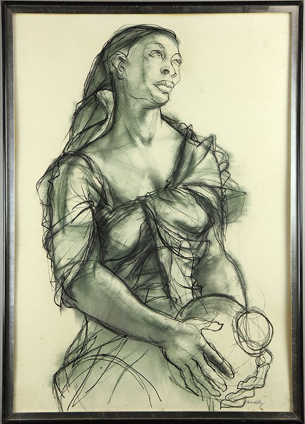 Drawing by Francis DeErdely: Francis DeErdely (American/Hungarian, 1904-1959), Portrait of a Woman, ink and charcoal drawing on paper, signed lower right, sight: 31.5"h x 22"w, overall (with frame): 34"h x 24.5"w