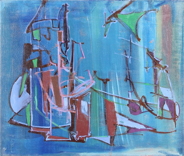 Painting by Robert Kaess: Robert Kaess (American, 1923-1991), Abstract, 1960, oil on canvas, gallery label (Carlson Gallery, Carmel, CA) affixed verso, canvas: 26"h x 29.5"w, overall (with frame): 27.5"h x31.25"w