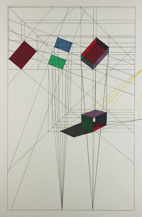 Print, Ronald Davis: Ronald Davis (American, b. 1937), "Rotation Tilt," 1980, color etching on paper, pencil signed and dated lower right, edition 19/34, image: 28"h x 18"w, sheet: 34"h x 24"w, overall (with frame): 35.5"