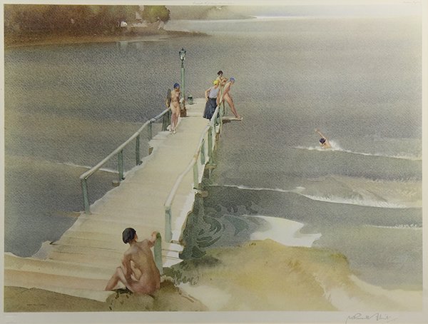 Print, William Russell Flint: William Russell Flint (Scottish, 1880-1969), Nude Females Swimming in Caps, color lithograph, pencil signed lower right, signed in plate lower left, image: 15.5"h x 20.75"w, overall (with frame): 28"h