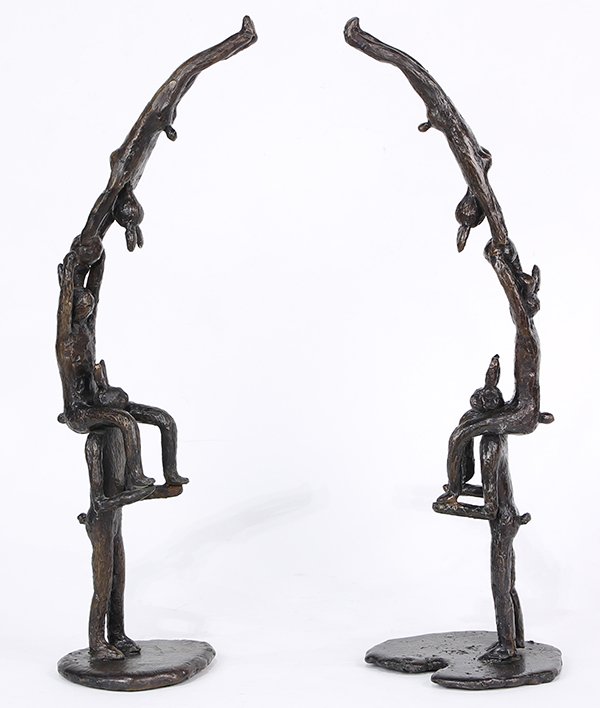 Sculptures, Manner of Barry Flanagan: (lot of 2) Manner of Barry Flanagan (Welsh, 1941-2009), Acrobats, bronze sculptures, one bears signature (indistinctly) and inscribed "Happy Birthday Olivia, 12/9/09," overalls (each): 19"h x 5"w x 5"