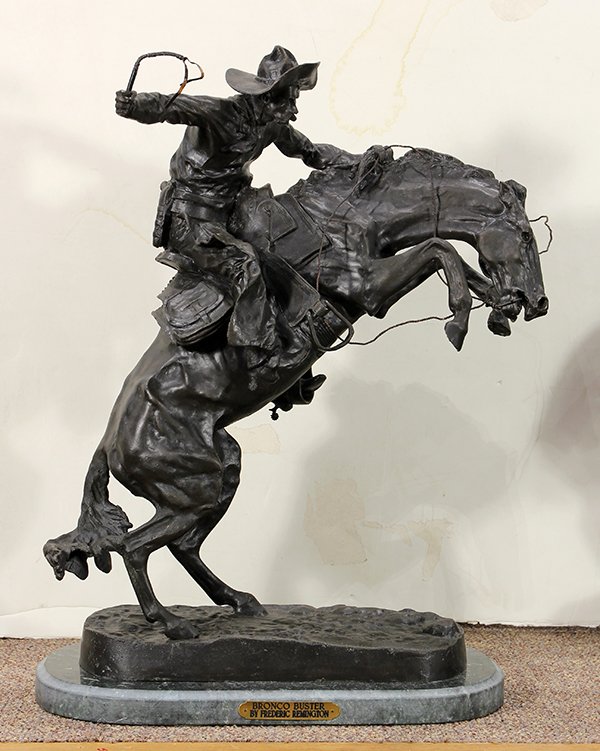 Sculpture, After Frederic Remington: After Frederic Remington (American, 1861-1909), "Bronco Buster," bronze sculpture, signed lower right, edition 22/100, overall (with base): 23.5"h x 17"w x 9"d