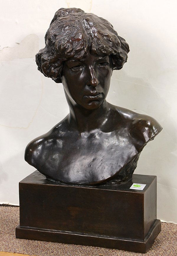Sculpture by Jo Davidson: Jo Davidson (American/French, 1883-1952), A Bust of a Lady, signed and dated "Jo Davidson NY 1916" on base, overall: 23"h x 15"w x 9"w. Provenance: From the Ligonier, PA estate of Richard Mellon Scaif