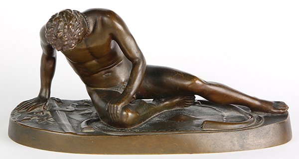 French Neoclassical patinated bronze figural sculpture,: French Neoclassical patinated bronze figural sculpture, after the Roman antique, circa 1860, the well cast Grand Tour example executed by Barbidienne Foundry, France, depicting the 'Dying Gaul', the g