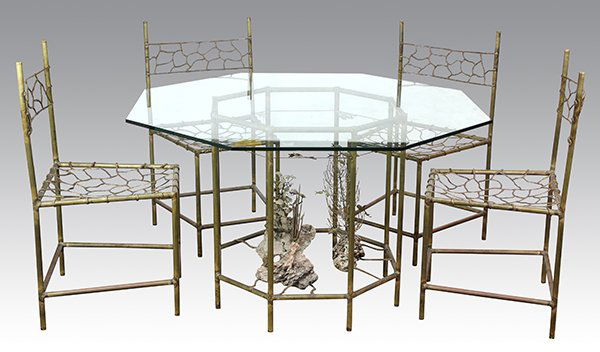 (Lot of 5) Albert Guibara (California, b: (Lot of 5) Albert Guibara (California, b. 1944) patinated bronze dining suite, consisting of a dining table having an octagonal plate glass top, above a sculptural base decorated with a seascape of co