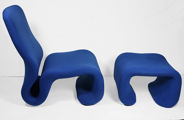 (Lot of 2) Jan Ekselius for Stendig lounge chair, 34"h: (Lot of 2) Jan Ekselius for Stendig lounge chair, 34"h x 24"w x 28.5"d, and ottoman, upholstered in blue, 14.5'h x 21"w x 20.5"d