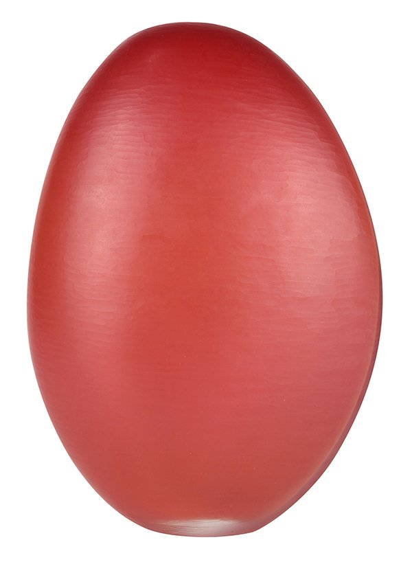 Benjamin Edols (Australia: Benjamin Edols (Australia, 1967) and Kathy Elliot (Australia, 1964) blown and wheel cut battuto glass vessel in ruby, having a flat organic form, signed and dated 2000, 11.5"h