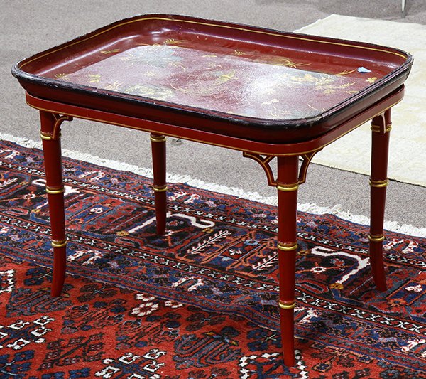 Chinoiserie decorated papier mache tray on later stand,: Chinoiserie decorated papier mache tray on later stand, the crimson ground accented with polychrome sprays of birds and floral reserves, and rising on a later crimson and partial gilt stand, 21"h x 28
