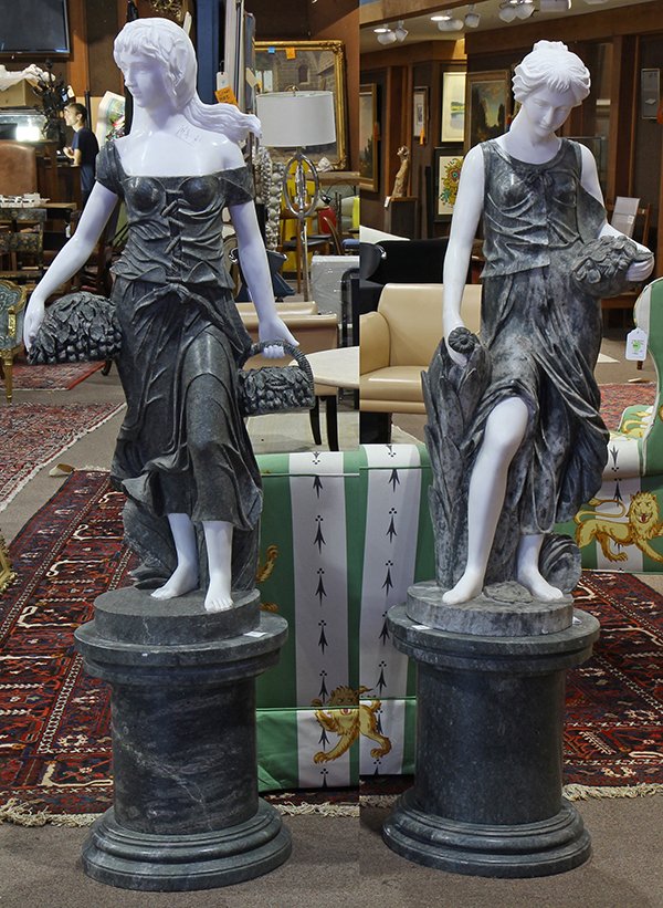 (lot of 2) Continental style carved marble sculptures,: (lot of 2) Continental style carved marble sculptures, each depicting a beauty, one of Fall, and one of Spring, each having parian bodies with green graanite attier, and rising on a marble columnar ba