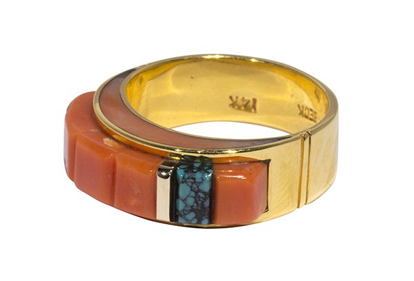 Victor Beck coral, turquoise and 14k yellow gold ring: Victor Beck coral, turquoise and 14k yellow gold ring featuring inlay of pink/red coral and spiderweb turquoise, set in a 14k yellow gold band, 7.7 to 6.5 mm, signed Beck, size 7 1/2, weighs 7.0 grams