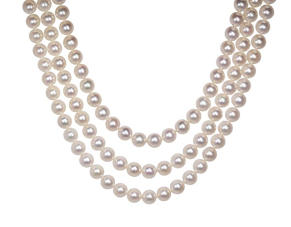 Mikimoto cultured pearl and 18k yellow gold: Mikimoto cultured pearl and 18k yellow gold three-strand necklace composed of (192) round Akoya cultured pearls measuring approximately 7.5 to 7.0 mm, forming a knotted three-strand necklace measuring