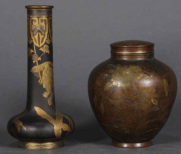 Japanese Bronze Vase, Tea Jar, Meiji: (lot of 2) Japanese bronze vase and jar, Meiji period: a vase with long stick neck above the compressed body, lappets on the neck above a bird on a chrysanthemum stalk, mark on the base; together with