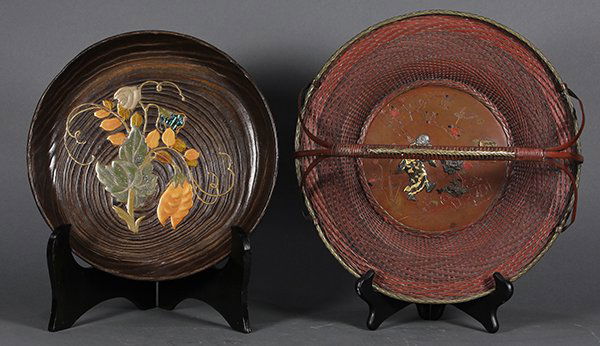 Japanese Basket, Tray, 19c: (lot of 2) Japanese tray and basket, 19th century: takamakie bon, interior with sweet peas and blossoms in gilt and silver lacquer with abalone shell; woven copper basket, the center copper panel with
