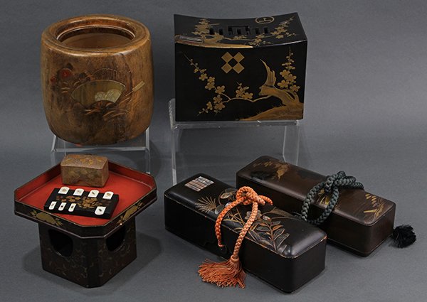 Japanese Lacquered Wares, 19c: (lot of 7) Japanese lacquered wares, Edo/Meiji period, two letter boxes: one with scenery in gilt, the other with autumn grass/bell flowers in takamakie and mother-of-pearl inlay, both with nashiji in