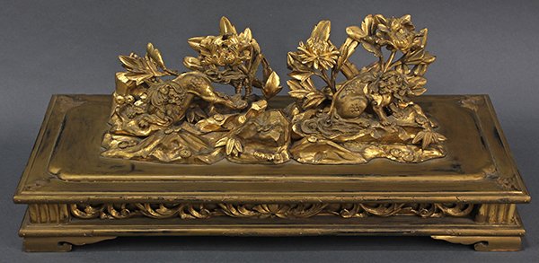 Japanese Gilt Carving, Buddhist Temple: Japanese gilt wood carving, probably for a place near Daiza at a Buddhist temple, depicting karajishi and chrysanthemums on a dais with open work above the stand with four supports, approx. 10.5"h x 2