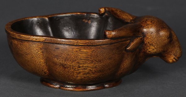 Chinese Wood Ram Form Brush Washer: Chinese bamboo brush washer, of lobed melon form with a ram's head, raised on a splayed foot, 6.25"w