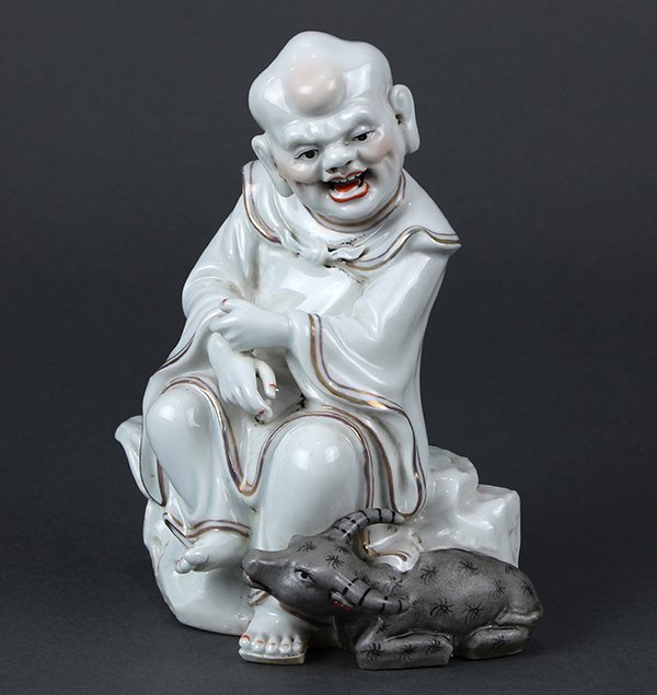 Chinese Porcelain Sculpture, marked Mao Sheng: Chinese porcelain figure, of a man seated on a rocky plinth beside a recumbent ox, the base sealed 'Mao Sheng ji zao', 7.25"h