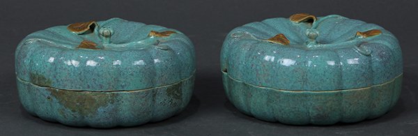 Chinese Robin's Egg Glazed Squash Form Boxes: (lot of 2) Chinese robin's egg glazed porcelain boxes, each of compressed squash form with gilt accented leaves on the lid, 5"w