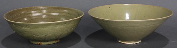 Two Chinese Celadon Ceramic Bowls, Ming: (lot of 2) Chinese celadon glazed ceramic bowls, Ming dynasty, including a tradeware bowl incised with scrolls to the interior and floral petals encricling the base; together with a conical bowl with 