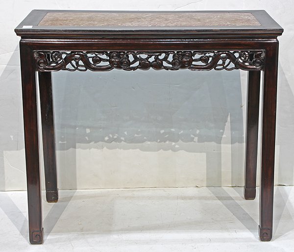 Chinese Marble Inset Narrow Table: Chinese marble inlaid narrow table, with a pink and russet mottled rectangular panel, the apron pierced with ruyi scepter and peaches, 33"h x 36.75"w x 15.75"d
