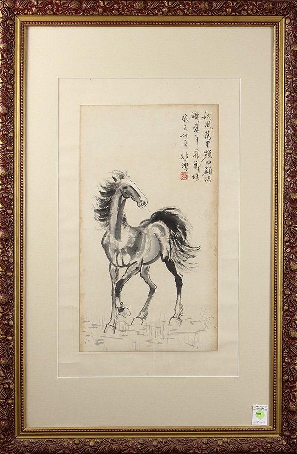 Chinese Framed Painting, Manner Xu Beihong: Manner of Xu Beihong (Chinese, 1895-1953), Horse, ink on paper, with colophon, bearing signature and seal to the upper right, painting: 21.25"h × 12"w, overall: 39"h × 25"w