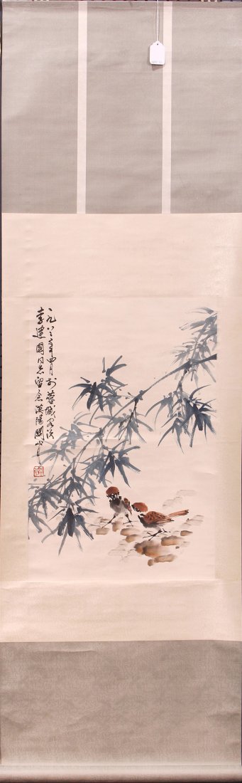 Chinese Scroll, Manner Guan Shanyue: Manner of Guan Shanyue (Chinese, 1912-2000), Bamboo and Sparrows, ink and color on paper, with colophon, bearing signature and seal to the left, dated 1982, painting: 25"h × 17.5"w, overall: 72"h × 