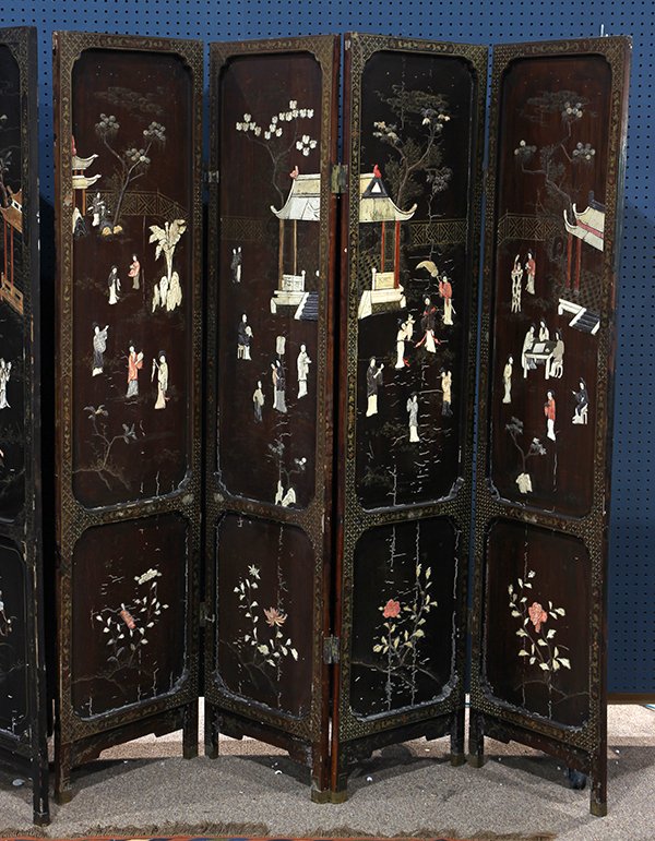 Chinese Four Panel Screen, Beauties: Chinese overlaid lacquer four panel screen, beauties in the garden executed in bone and hardstone inlay to one side, and painted with birds and flowers to the other side, each panel approx: 71.5"h × 