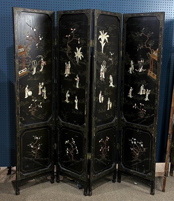 Chinese Four Panel Chinese screen: Chinese overlaid four panel screen, featuring beauties in elegant pursuits in a landscape setting, executed in bone, stone and mother-of-pearl inlay, above lower panels with flowers, the reverse paint
