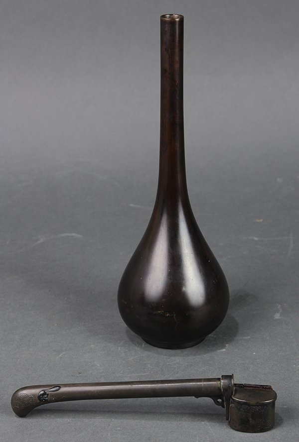 Japanese Bronze Yatate, Weasel, Bronze Vase: (lot of 2) Japanese bronze yatate (portable writing set), Edo period, cast weasel on the ink well and handle, etched with ivy leaves and berries; together with a bronze vase by Yamaguchi Seiyu (d. 195