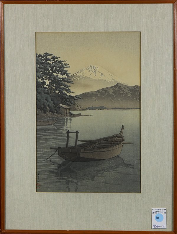 Japanese Woodblock Print, Shin Hanga, Kawase Hasui: Kawase Hasui (Japanese, 1883-1957), 'Mt. Fuji from Mitsu in Nagahama', woodblock print, lower left with the signature and seal, left margin with the title, dated 1937, print: 16"h x 11"w, frame: 20.5"