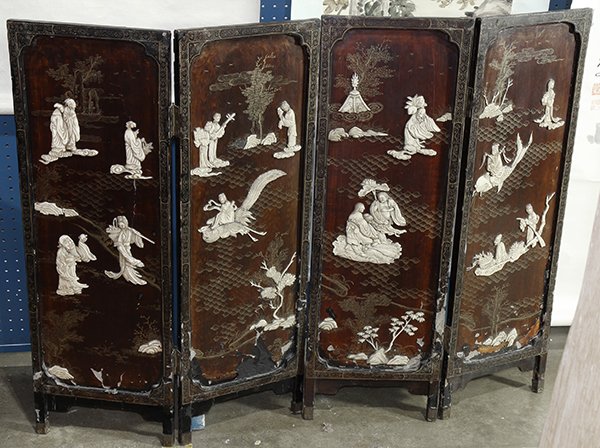 Chinese Small Overlaid Wood Screen, Immortals: Chinese small four panel wood screen, featuring bone overlay of various immortals in a landscape, each panel approx: 36"h x 11.75"w
