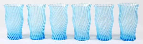 (lot of 6) Fenton Stiegel blue swirl tumbler group,: (lot of 6) Fenton Stiegel blue swirl tumbler group, executed in blue and white opalescent swirl on clear glass, 5"h x 3"dia. Provenance: Property from the collection of Trotter’s Antiques, Pacific G