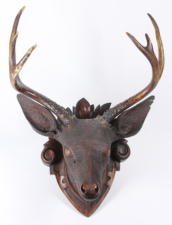 Victorian carved wood sculpture of a mounted deer head (1 of 1)