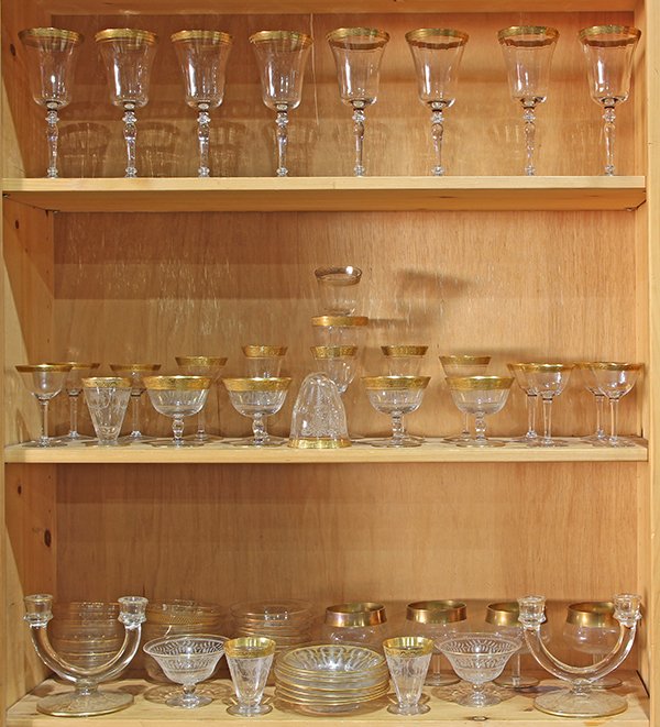 (lot of 72) Bohemian style stemware group, each having: (lot of 72) Bohemian style stemware group, each having a gilt border, including red wine goblets; cordial glasses in various sizes; sherbets; a shot glass, finger bowls; etc. largest: 7.5"h. Provenanc