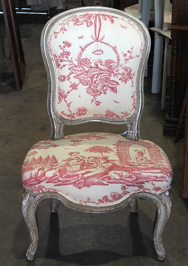 Louis XV style slipper chair, having a polychrome: Louis XV style slipper chair, having a polychrome decorated frame and rising on cabriole legs, 31"h. Provenance: From the Ligonier, PA estate of Richard Mellon Scaife
