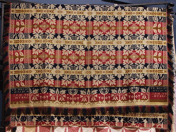 Signed Pennsylvania four color jacquard coverlet, 1845, (1 of 1)
