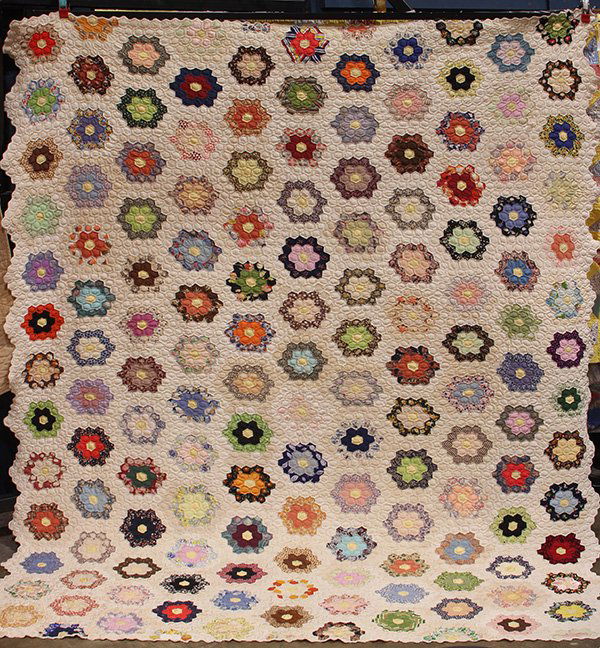 Grandmothers Flower Garden patchwork quilt, circa 1935, (1 of 1)