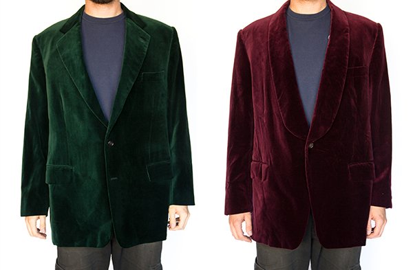(lot of 2) Men's custom tailored green and wine velvet: (lot of 2) Men's custom tailored green and wine velvet blazers, W New York label, 34"l 15" armseam, 19" shoulder width. Provenance: From the Ligonier, PA estate of Richard Mellon Scaife