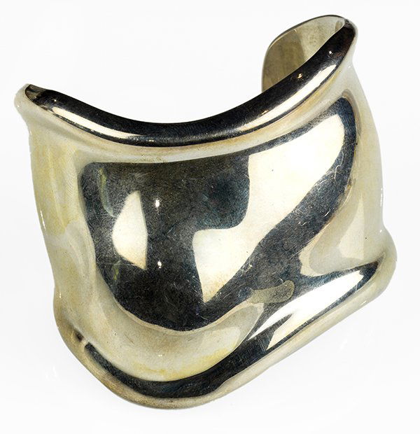 Tiffany & Co. Elsa Peretti sterling silver bangle: Tiffany & Co. Elsa Peretti sterling silver bangle bracelet one wide cuff right bone bangle bracelet, width 2 1/4", inside diameter 2 1/4 x 2", signed Tiffany Elsa Peretti, weighs 79.1 grams