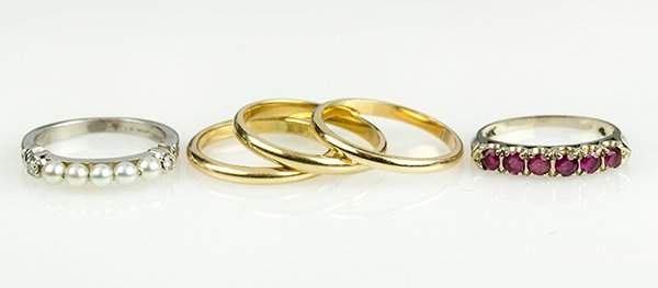 (Lot of 5) Ruby, diamond, cultured pearl, 14k yellow (1 of 4)