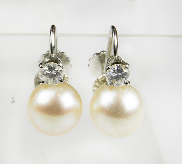 Pair of cultured pearl, diamond and 14k white gold (1 of 2)