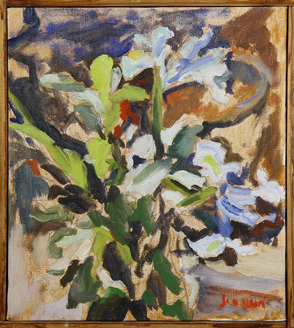 Painting, Abstract Flowers: Abstract Flowers, oil on canvas, signed indistinctly lower right, 20th century, overall (with frame): 11.5"h x 12.5"w. Provenance: Estate of Dr. Graeme Hanson, San Francisco, CA
