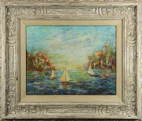 Painting, Harbor Scene wiith Sailboats (1 of 1)